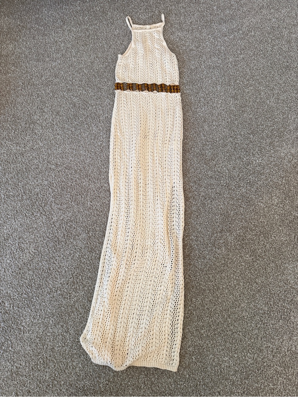 l*space Cream Crochet Halter Maxi Dress with Brown Waist Detail